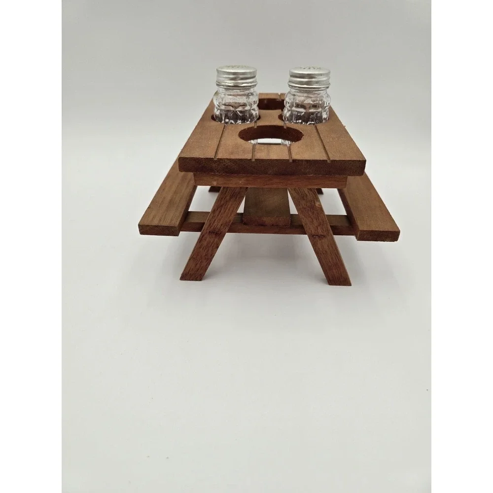 Wooden Picnic Table Condiment Caddy Salt and Pepper Shakers Napkin Holder VTG